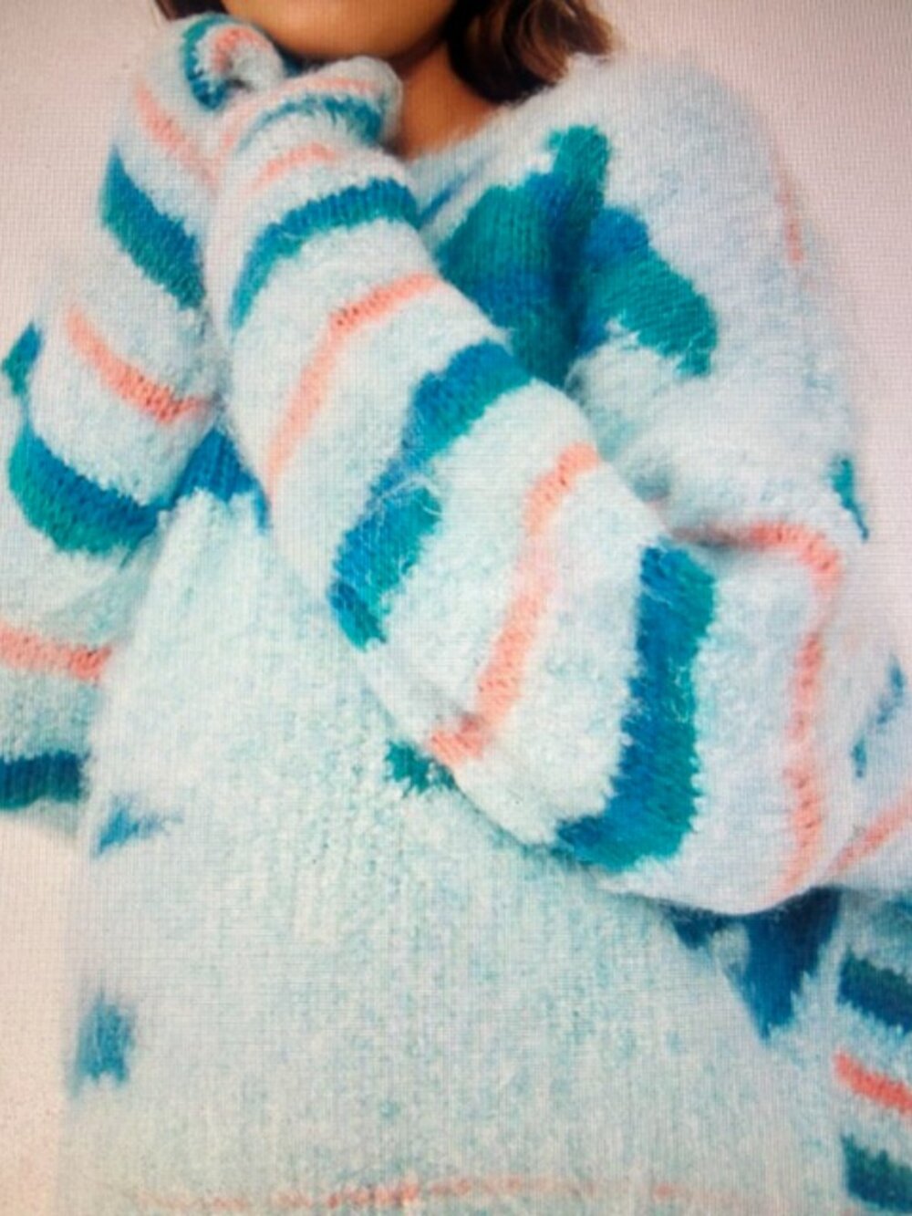 Free People Lily Pullover Fuzzy Soft Pull On Sweater in the Mosaic Sky Combo NWT - Picture 5 of 16